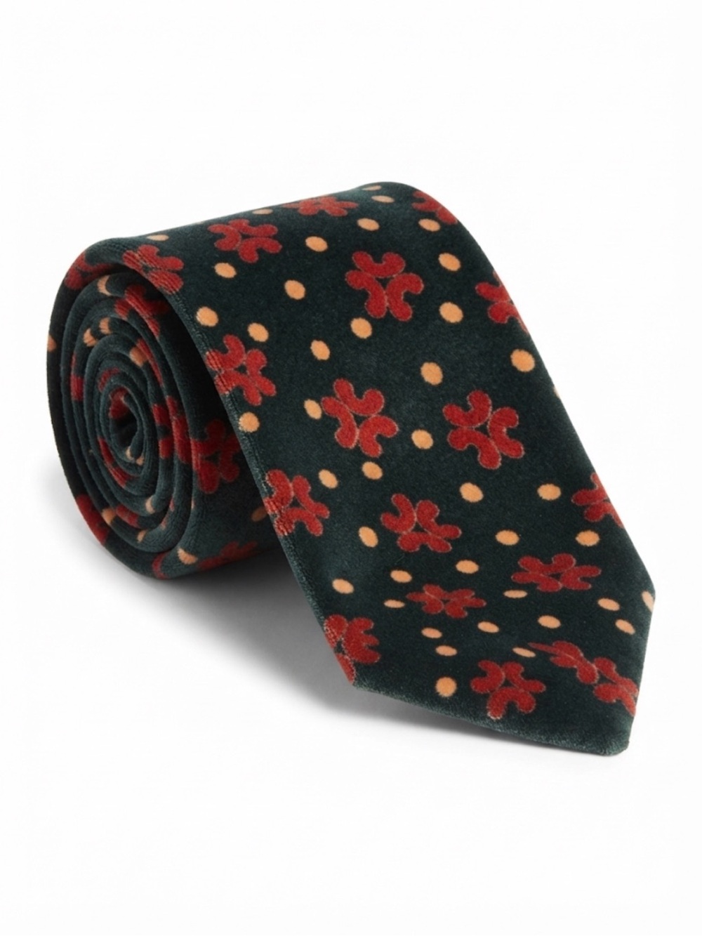 Vintage Neiman Marcus 100% Cotton Velvet Floral Polka Dot Tie Dark Green Red